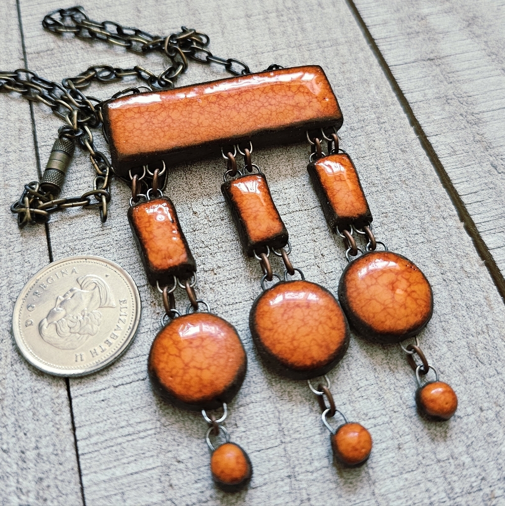 Vintage Handmade Clay Necklace. Orange Necklace. Pendant Necklace.